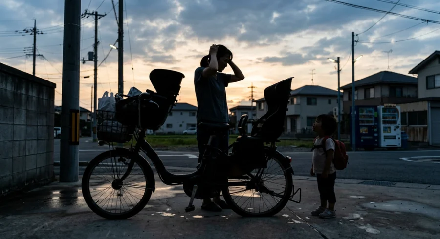 パンクした重い子乗せ電動自転車で困っている様子