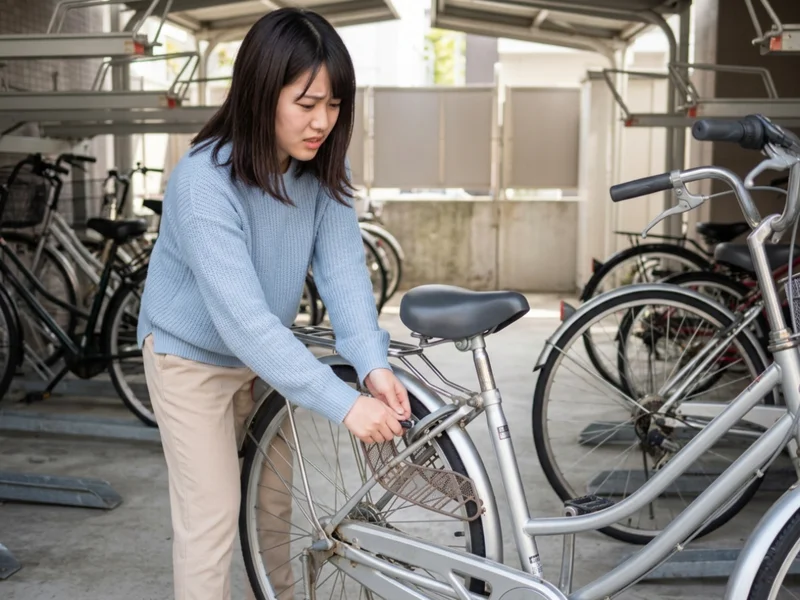 駐輪場でカギを触る女性