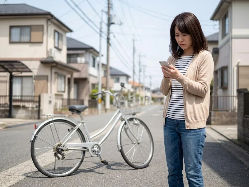 パンクで困っている女性と自転車