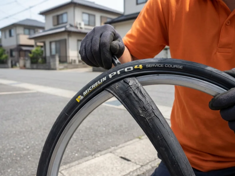 スタッフがタイヤを取り外す